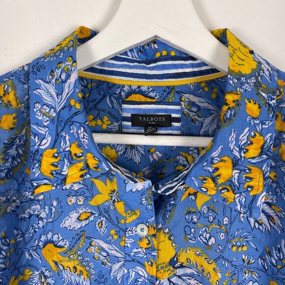 Talbots Button Up Shirt Size 2X Collared Blue Yellow Watercolor Botanical Cotton - Picture 8 of 12